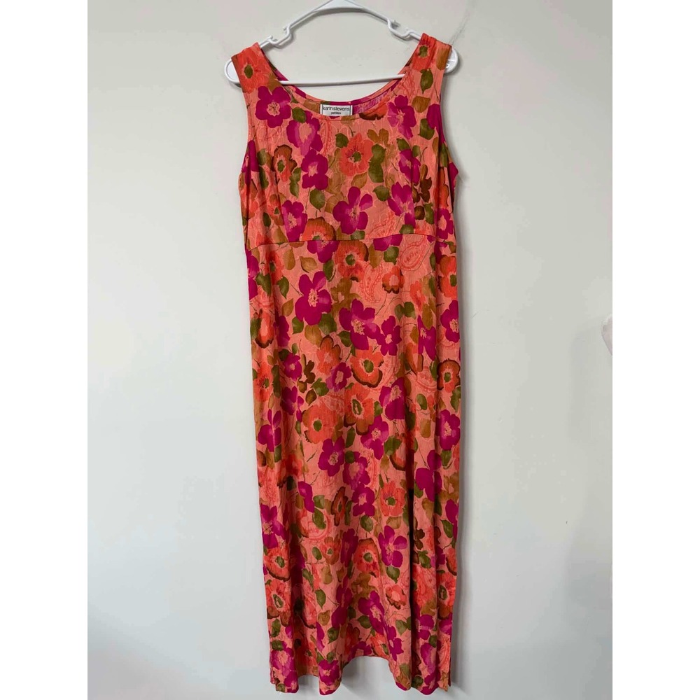 Vtg 90s Karin Stevens 14P Lg Petites Pink Floral Rayon‎ Maxi Dress Sleeveless